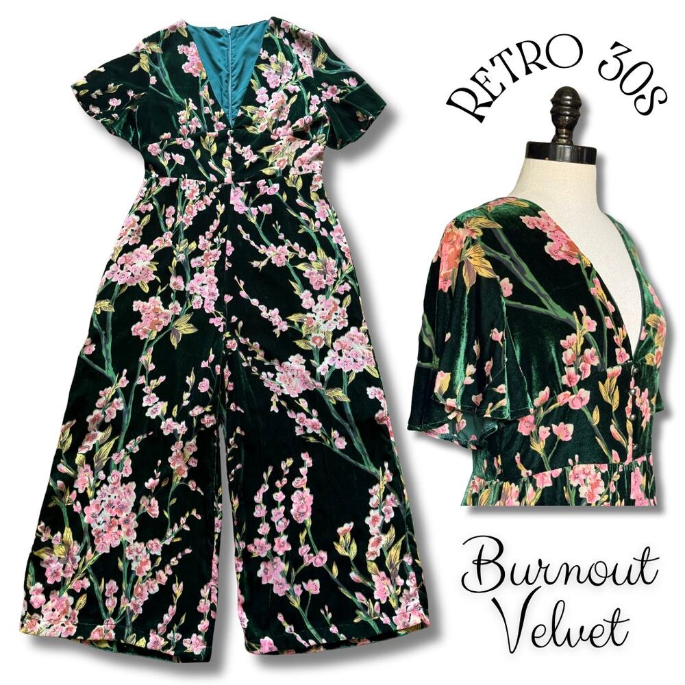 Retro Stage 30s 40s Hollywood Glam Jumpsuit Velvet Pink Green Floral ShabbyChic
